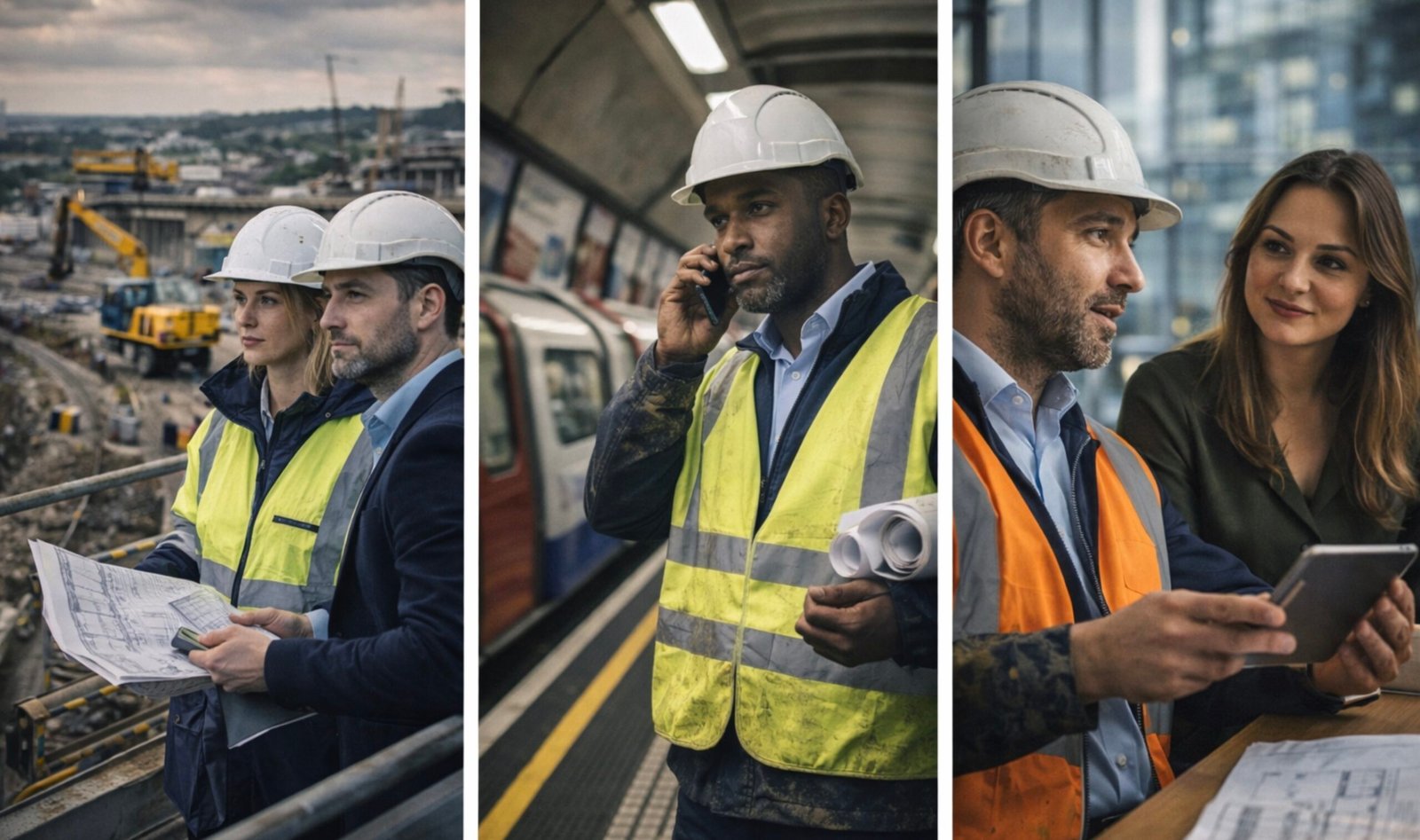 Diverse construction professionals working across various projects