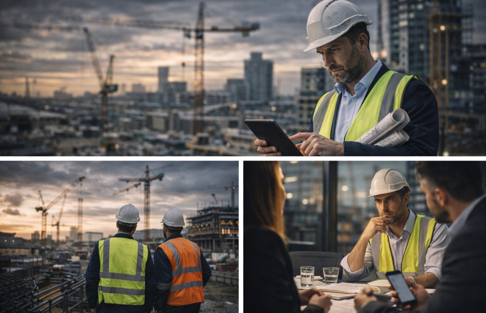 Construction workers at various building sites