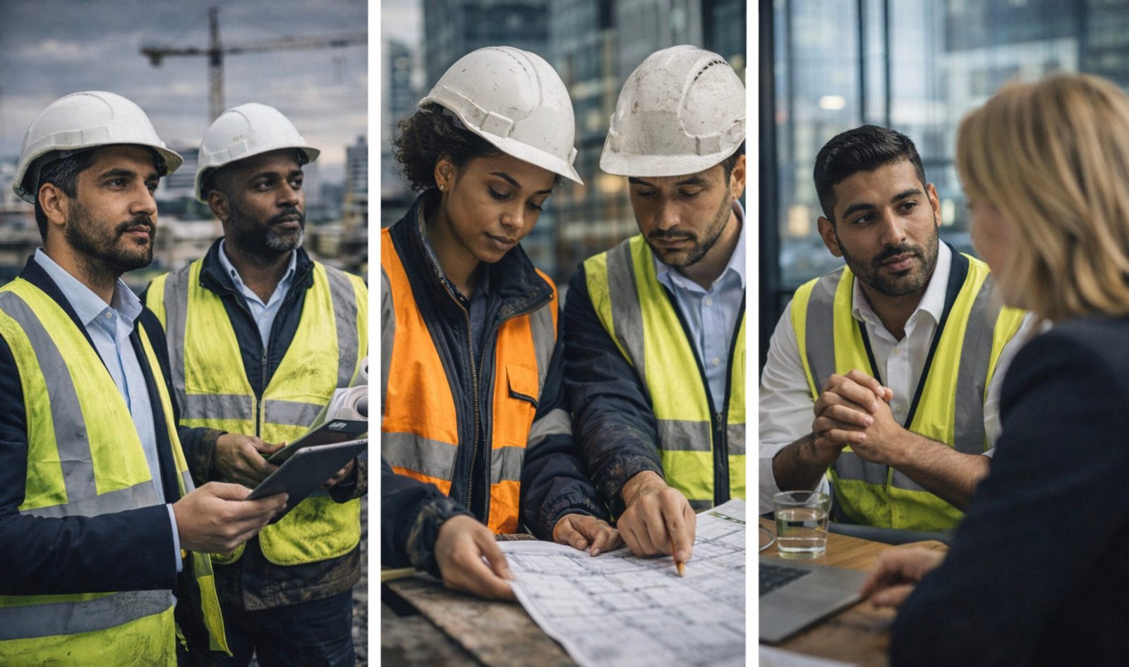 Construction workers reviewing plans and digital