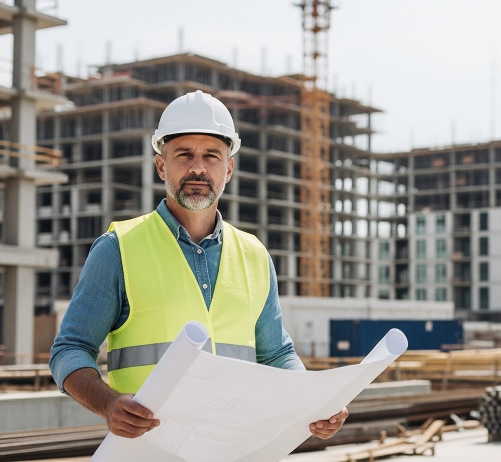 Engineer holding blueprints at construction site
