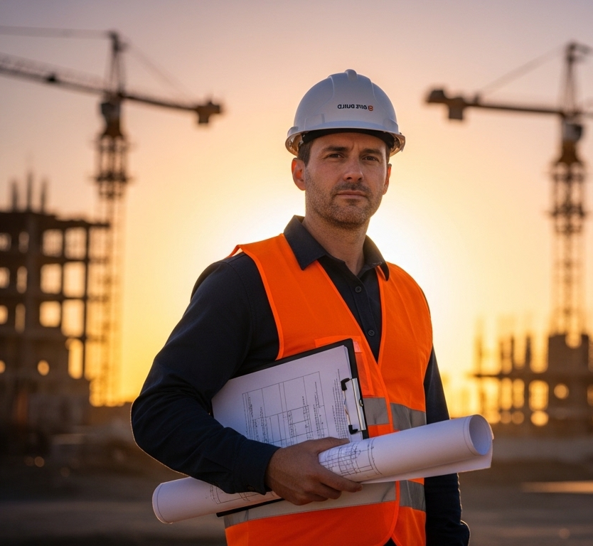 Engineer standing on construction site sunset
