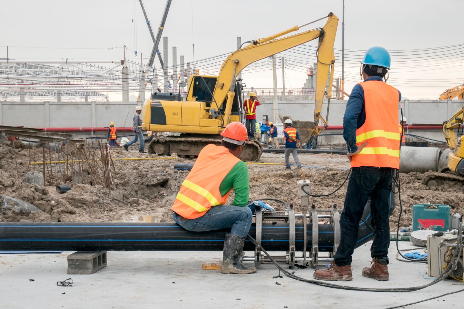 Construction worker connect HDPE pipe in construction site