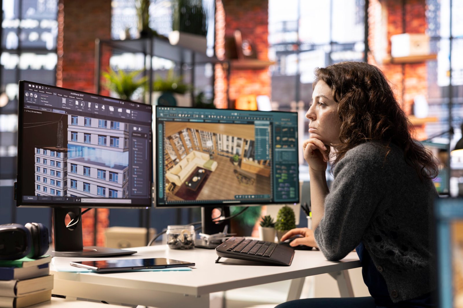 Female employee at design agency creates 3D render of an apartment interior