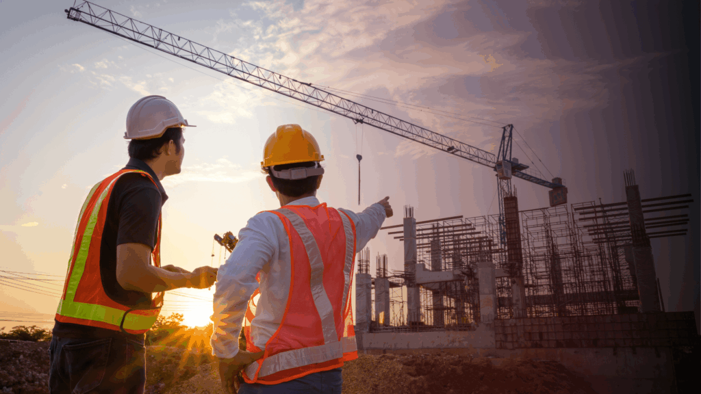 Construction workers overlooking a building site