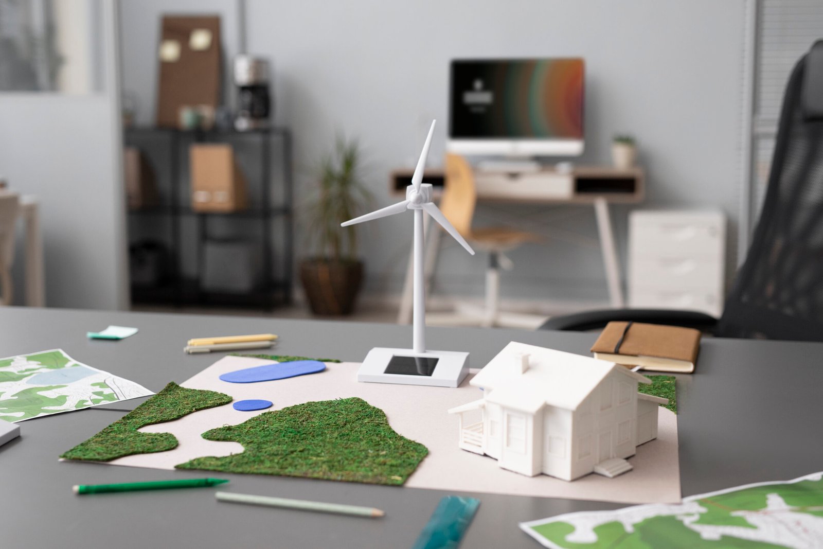 Model windmill and house on desk